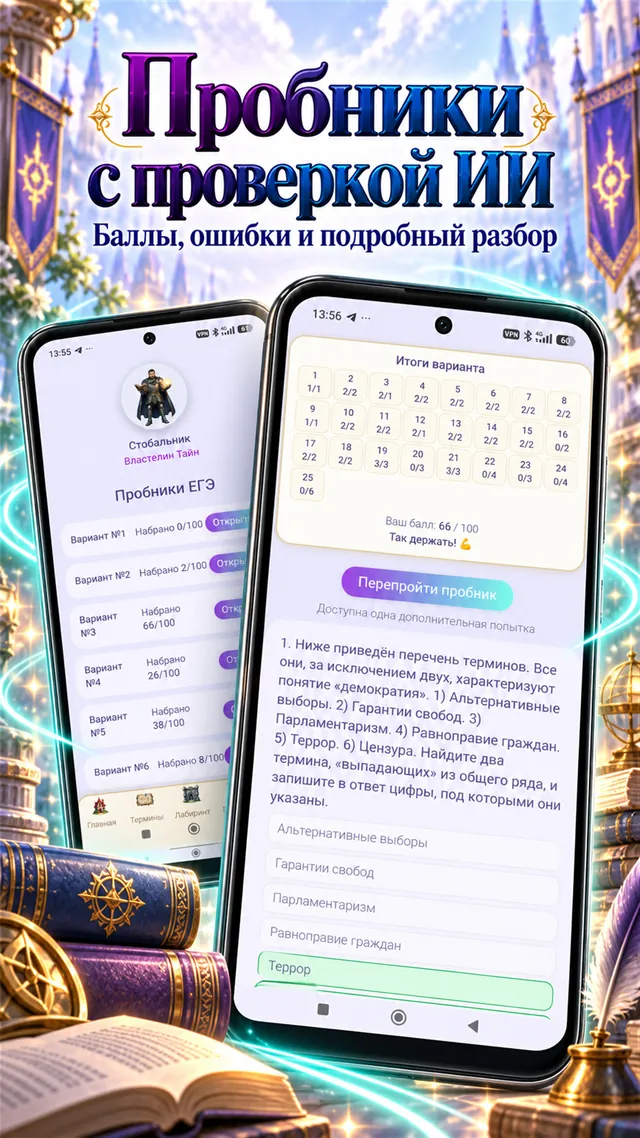 Пробники ЕГЭ в приложении с итоговыми баллами и проверкой ответов